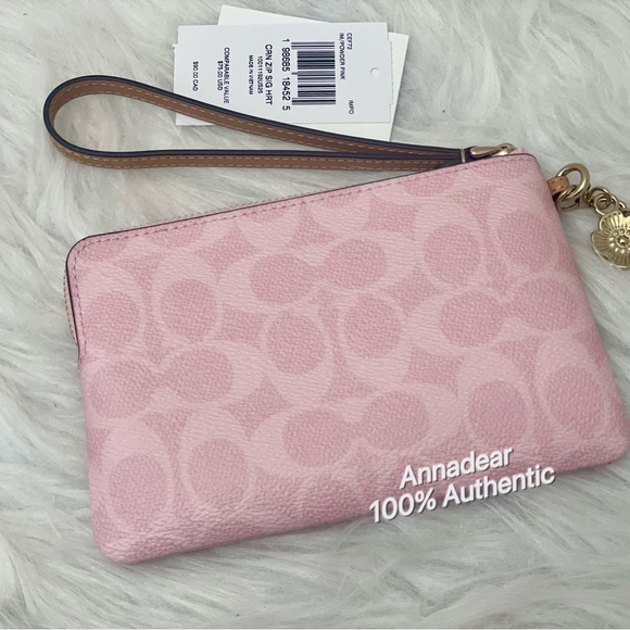 NWT Coach CEF72 Corner Zip Wristlet Signature Canvas with Charm Gold Powder Pink - Picture 3 of 8